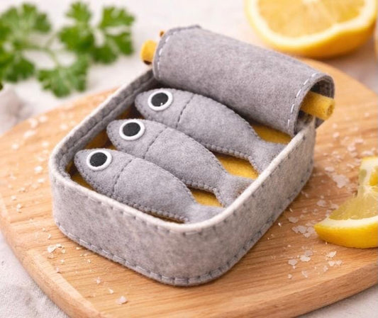 Felt Sardines with Tin, Pretend Fish Play Food, Handmade Felt Food for Play Kitchen, Montessori Toy, Toddler Gift