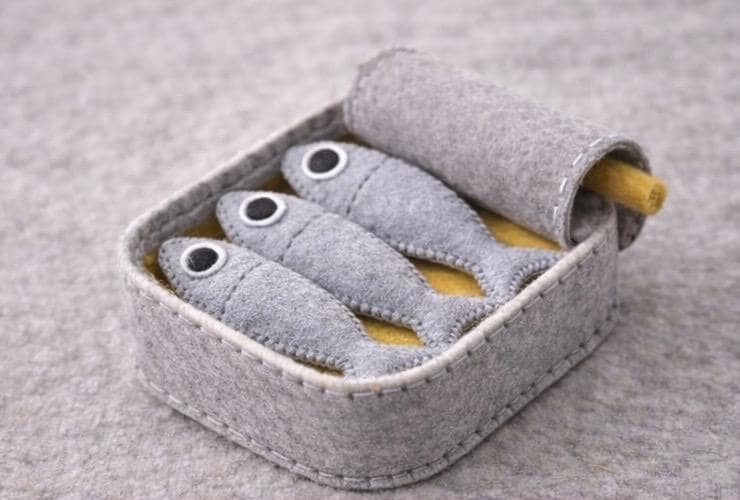 Felt Sardines with Tin, Pretend Fish Play Food, Handmade Felt Food for Play Kitchen, Montessori Toy, Toddler Gift
