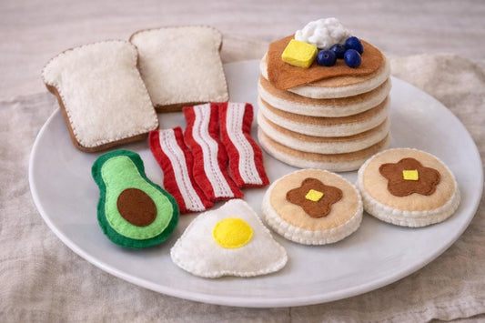 Felt Breakfast Play Food Set, Pancakes Bacon Eggs, Pretend Kitchen Food, Montessori Toy