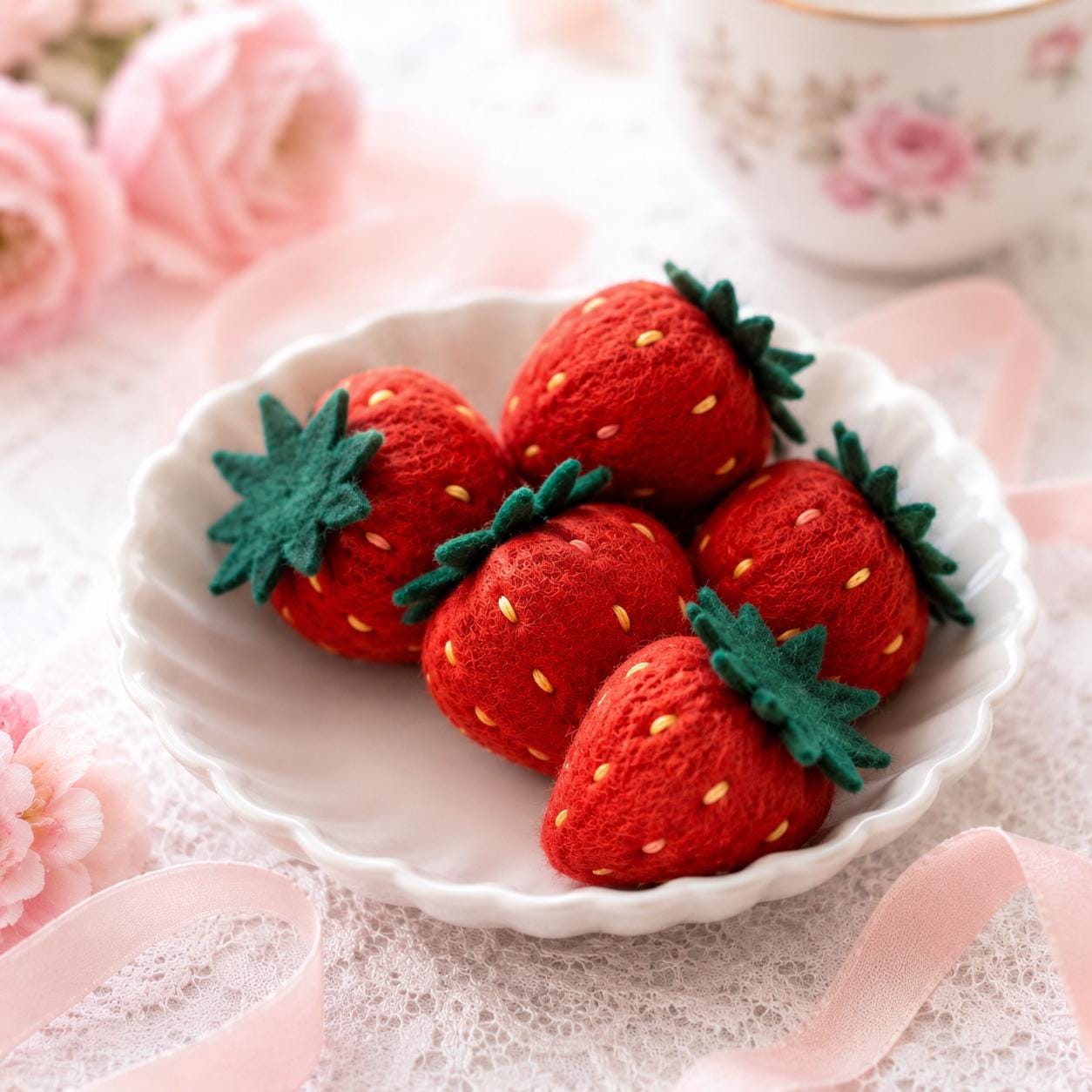 Felt Strawberries, Handmade Play Food, Montessori Pretend Kitchen Toy